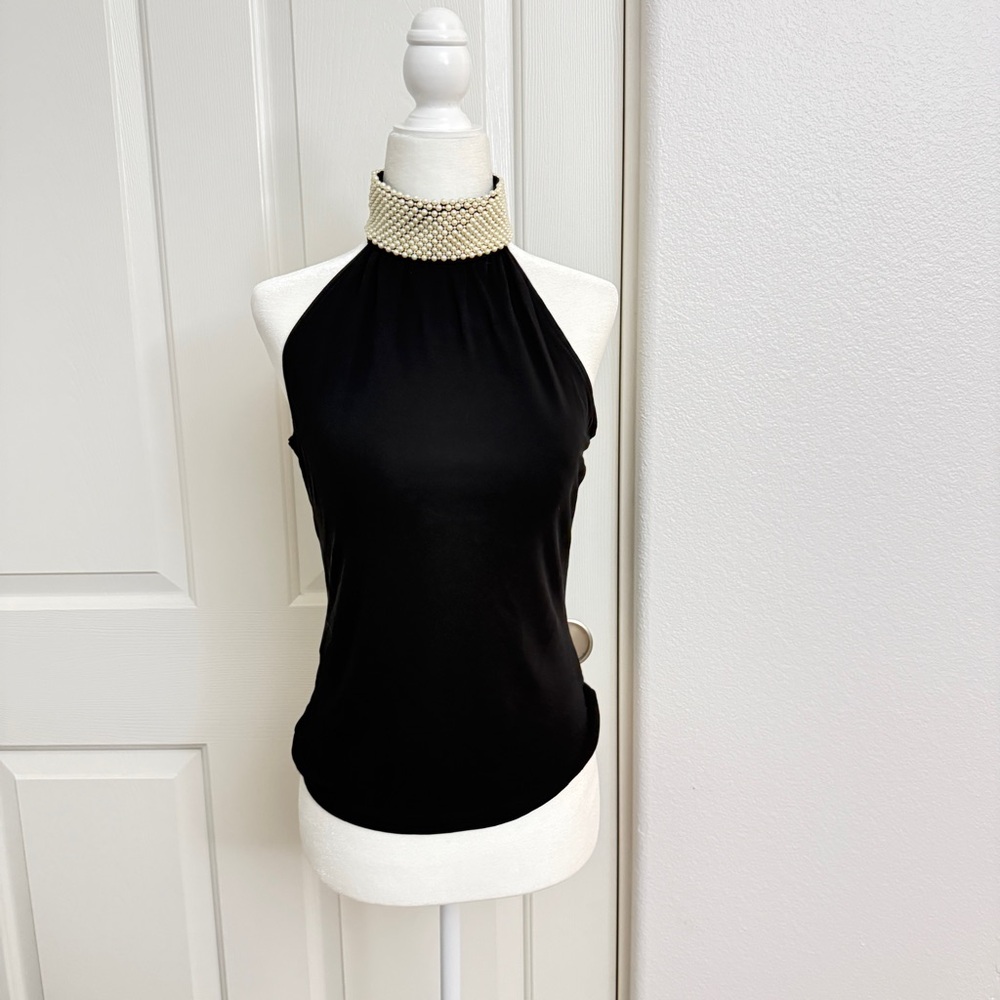 Michael Kors Black Halter Camisole with Pearl-Trim Collar